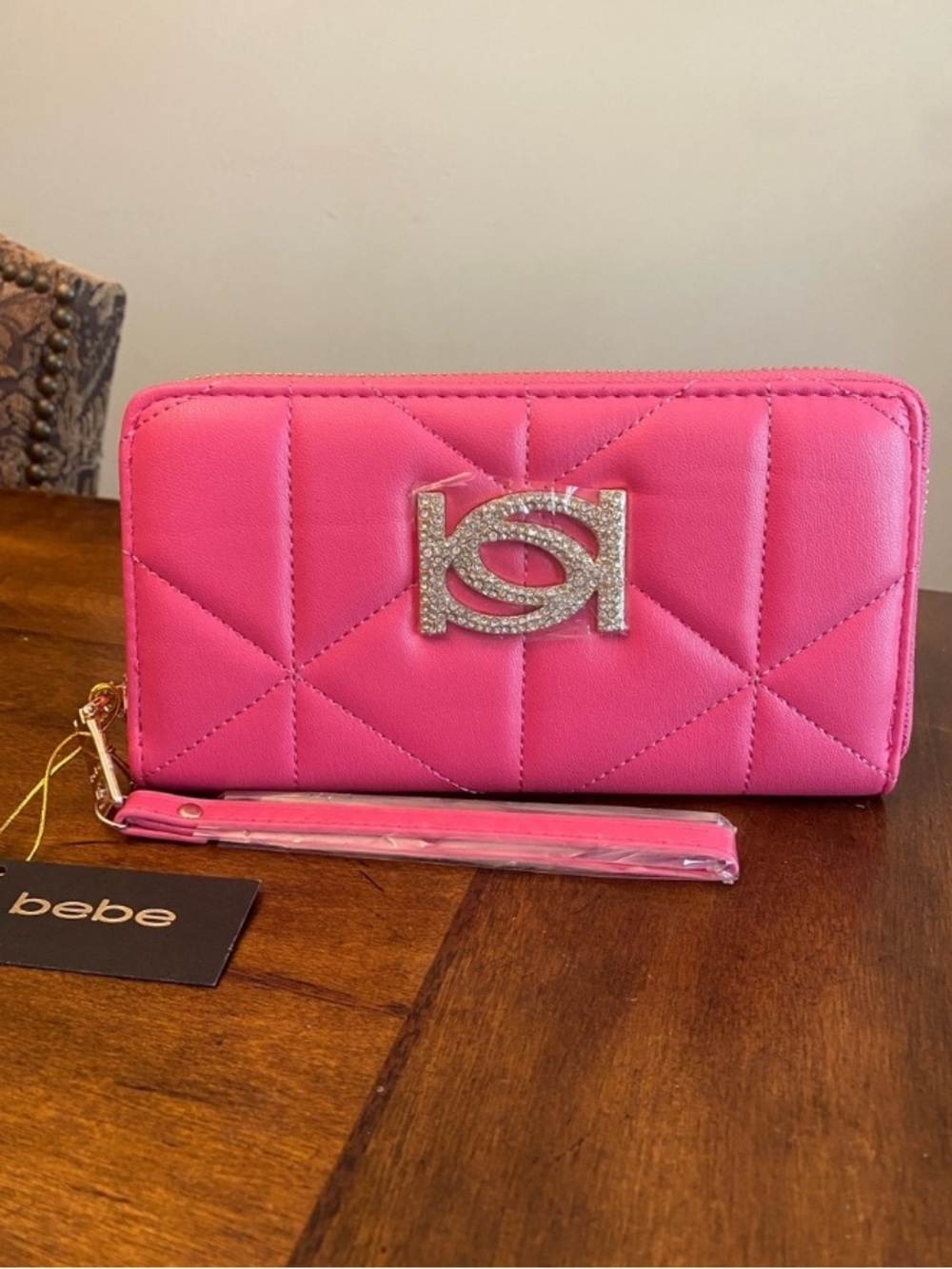 bebe Zara Hot Pink Quilted Zip-Around Wallet Wristlet with Rhinestone Logo 🆕